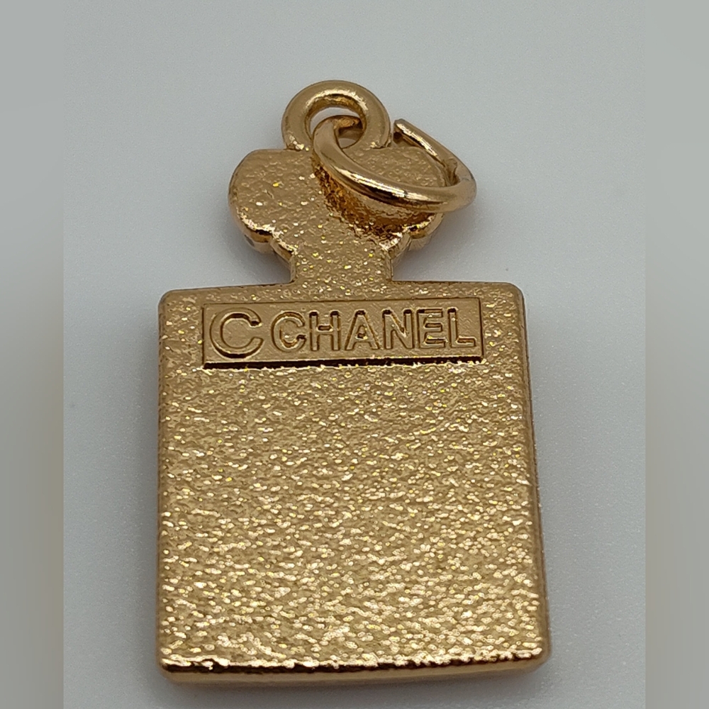 CHANEL Gold Perfume Bottle Charm Pink Enamel CC Crystals Karl Lagerfeld Era - Picture 3 of 3